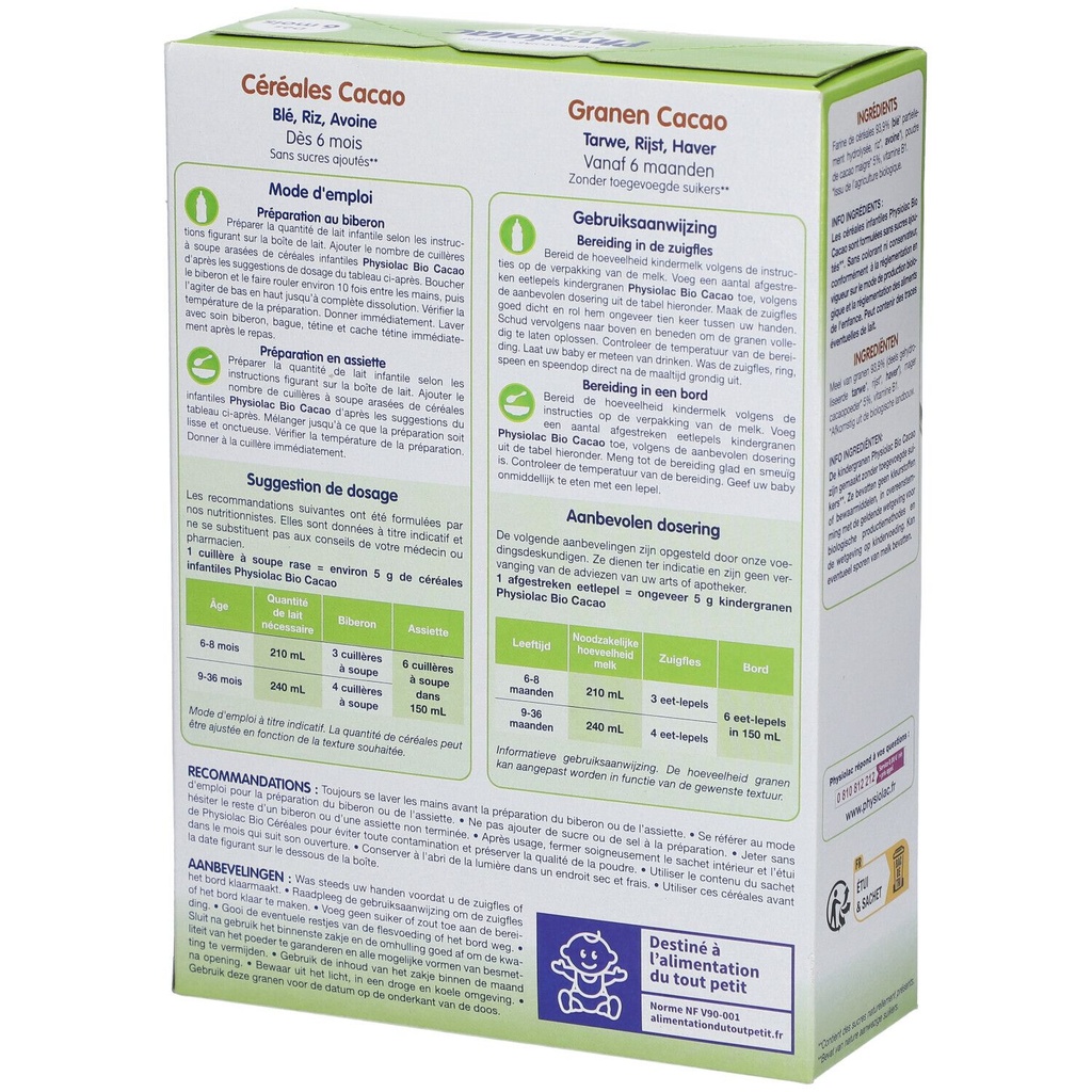 PHYSIOLAC BIO CEREALES CACAO dès 6 mois