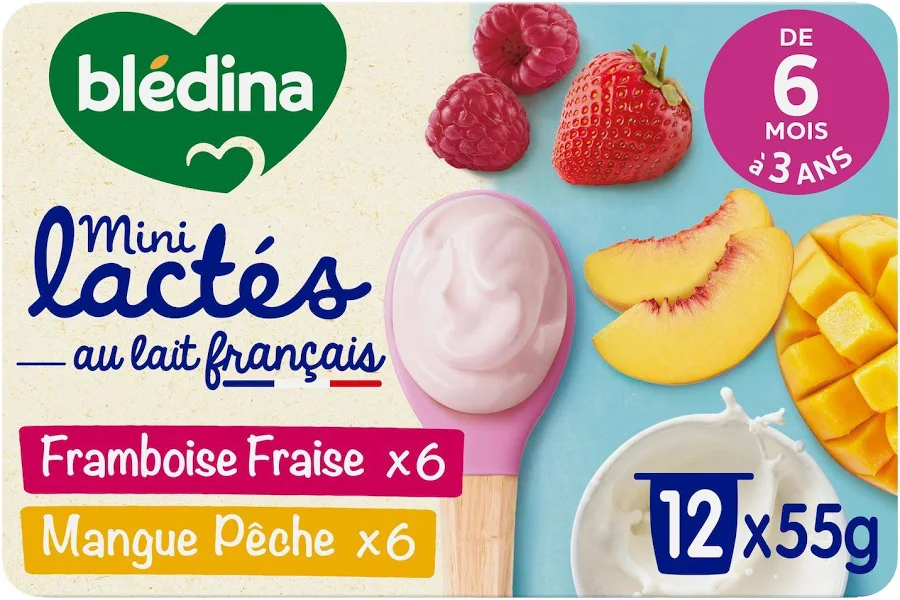 BLEDINA- Mini Lactés , Dès 6 Mois, Framboise Fraise & Mangue Pêche