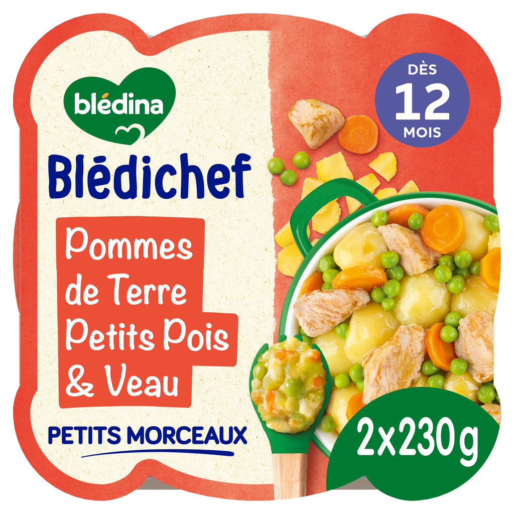 [HB-0000074] BLEDINA- Blédichef - Repas 12 Mois - Pommes de Terre Petits Pois Veau - Petits Morceaux - 100% Ingrédients d'Origine Naturelle - Dès 12 Mois
