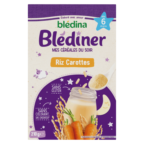 BLEDINA-  Blédîner, Céréales Repas du Soir dès 6 Mois, Riz, Carottes,210g