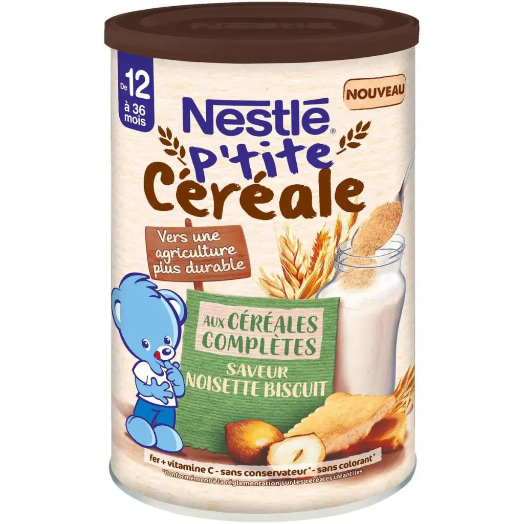 NESTLE- P'tite Céréale aux céréales complètes Noisette Biscuit - dès 12 mois - Boîte de 415g