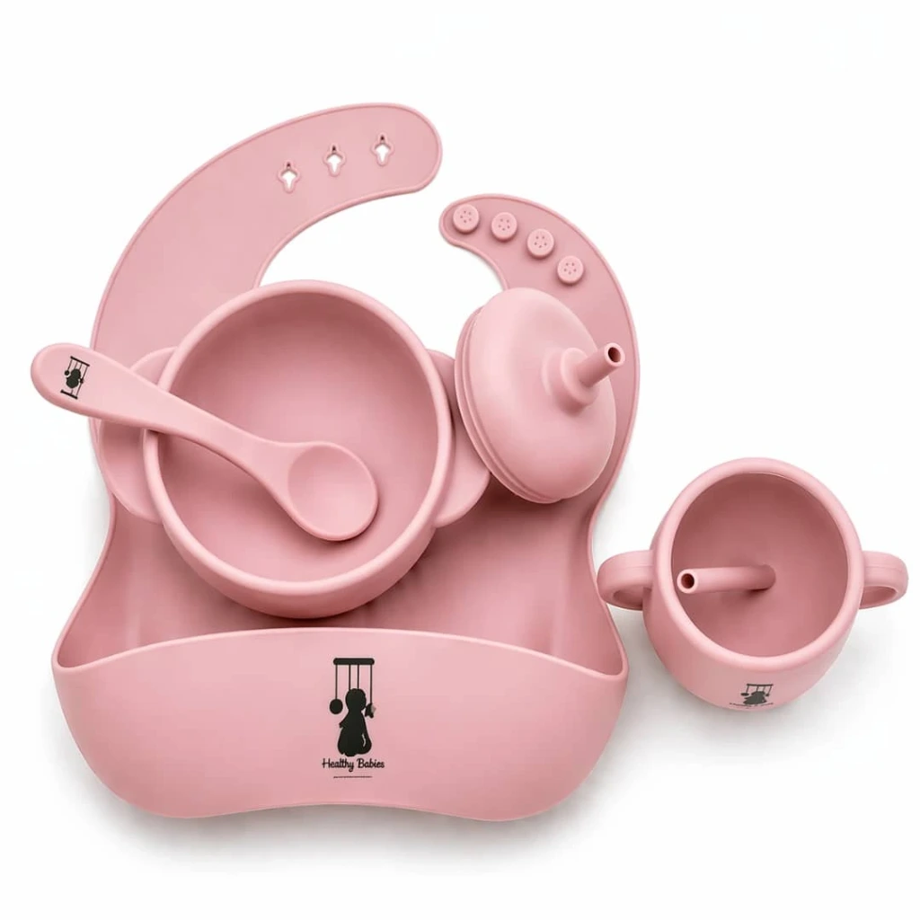 [HB-0000585] Set repas bébé silicone – Rose – Healthy Babies